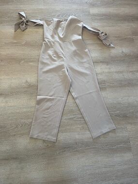 Kittenish Strapless Tie-Shoulder Jumpsuit in Light Taupe